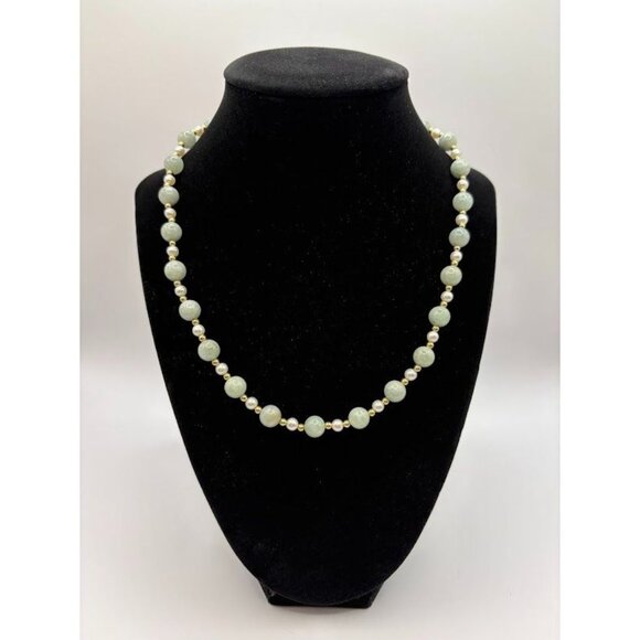 Vintage Green Jade & Cultured Pearl 14kt Yellow Gold Necklace - Choker 18" - Picture 1 of 6